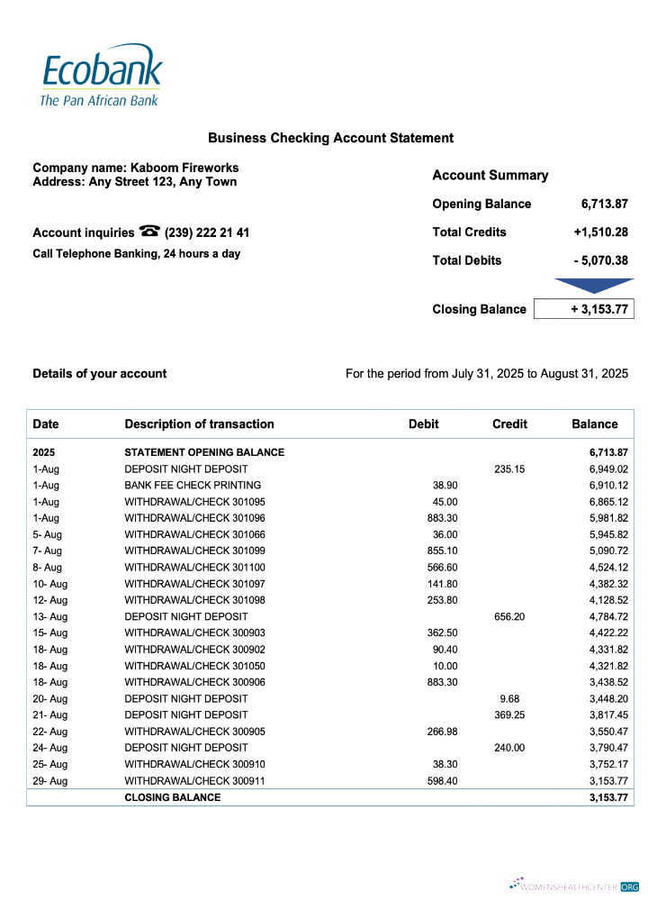 Download Senegal Ecobank enterprise account statement Word and PDF template Photoshop template